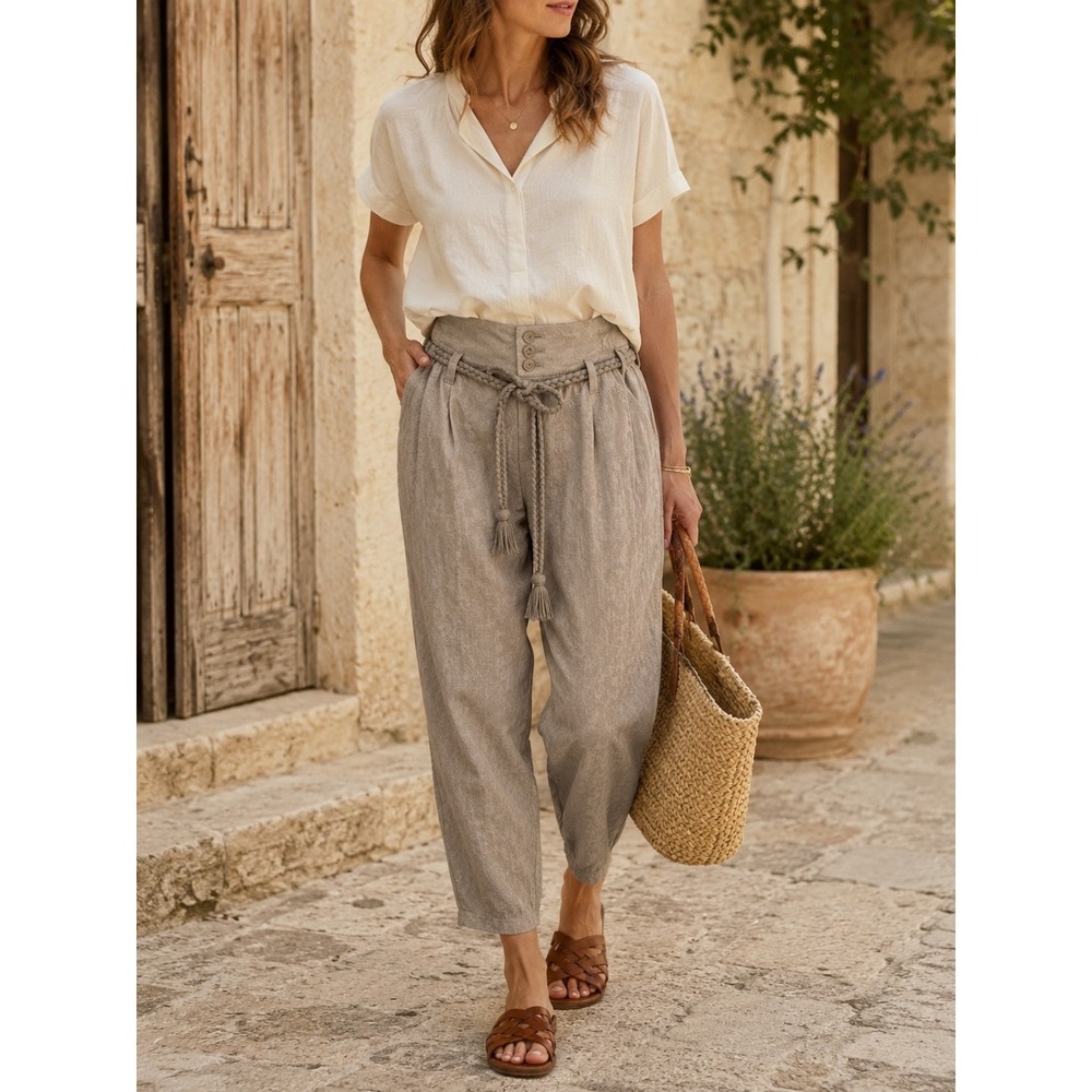 Garnet Hill Organic Cotton‎ Dobby Tapered Pants Braided Belt Boho Taupe 14